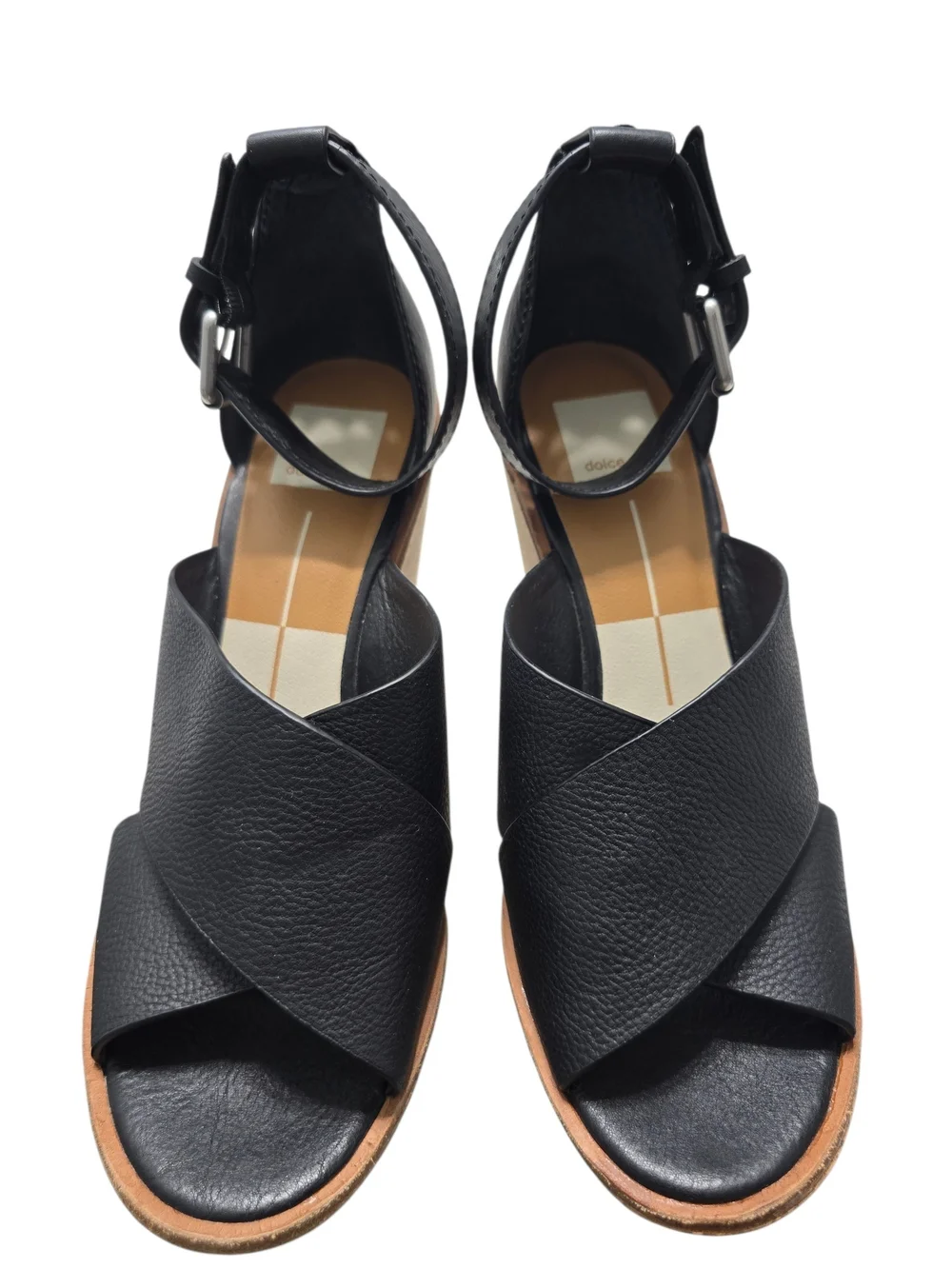 Dolce Vita Black Leather Ankle-Strap Cork Wedges Women's Urbane Sandal Size 8.5